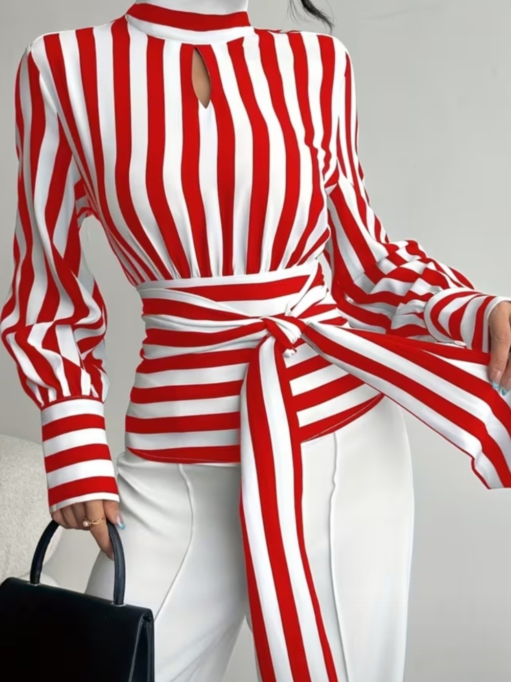Red & White Striped Tie-Waist Blouse - Women's Top - Picture 1 of 2